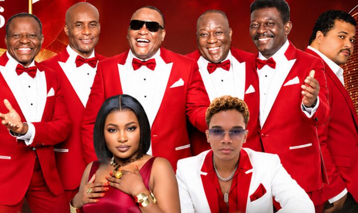 Tabou Combo in red tuxedos with Anie Alerte and Antonny Drew, from the official La Nuit de Noël artwork